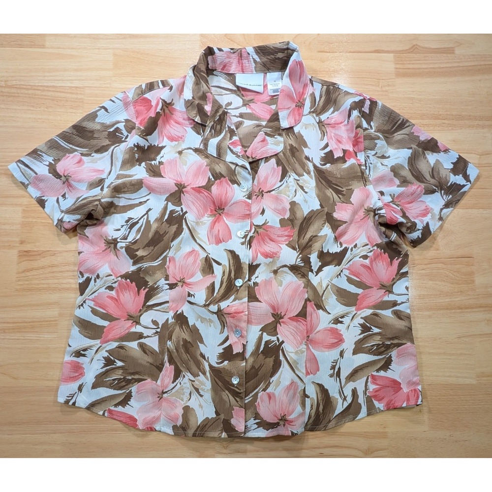 Alfred Dunner Womens 16 Pink Brown Floral Short Sleeve Button Up Blouse Tropical